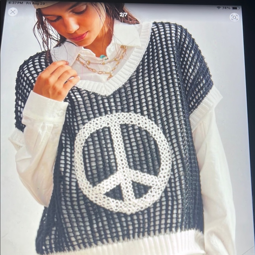 042. Black and White Peace Sign Knit Sweater - Picture 2 of 4